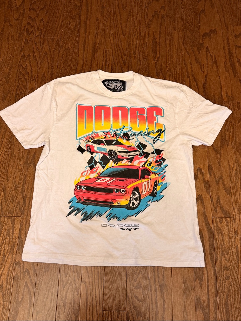 Reason White Tee with Red Racing Car Graphic